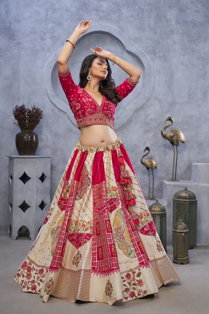 Pink & Cream Organza Lehenga Choli | Embroidery & Stone Work For Festive Wear