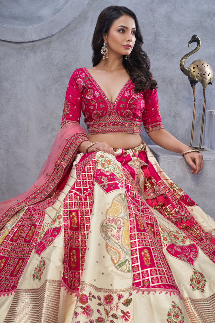 Pink & Cream Organza Lehenga Choli | Embroidery & Stone Work For Festive Wear