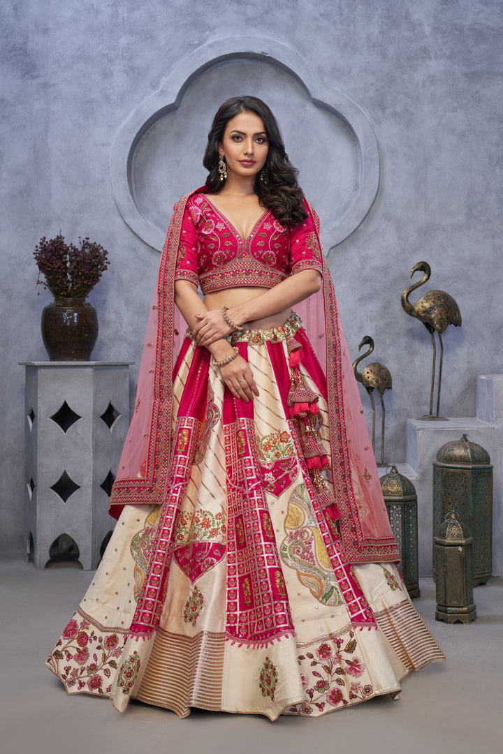 Pink & Cream Organza Lehenga Choli | Embroidery & Stone Work For Festive Wear