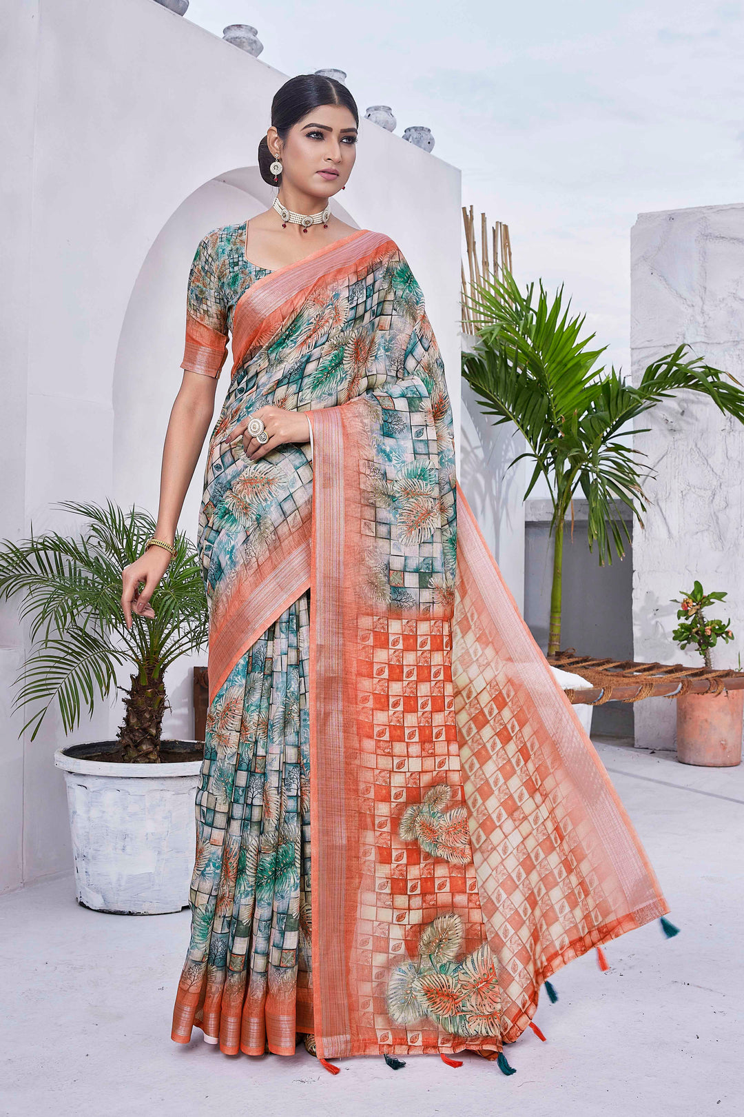 Designer Digital Printed Linen-Blend Saree | Ideal for Weddings & Festivals