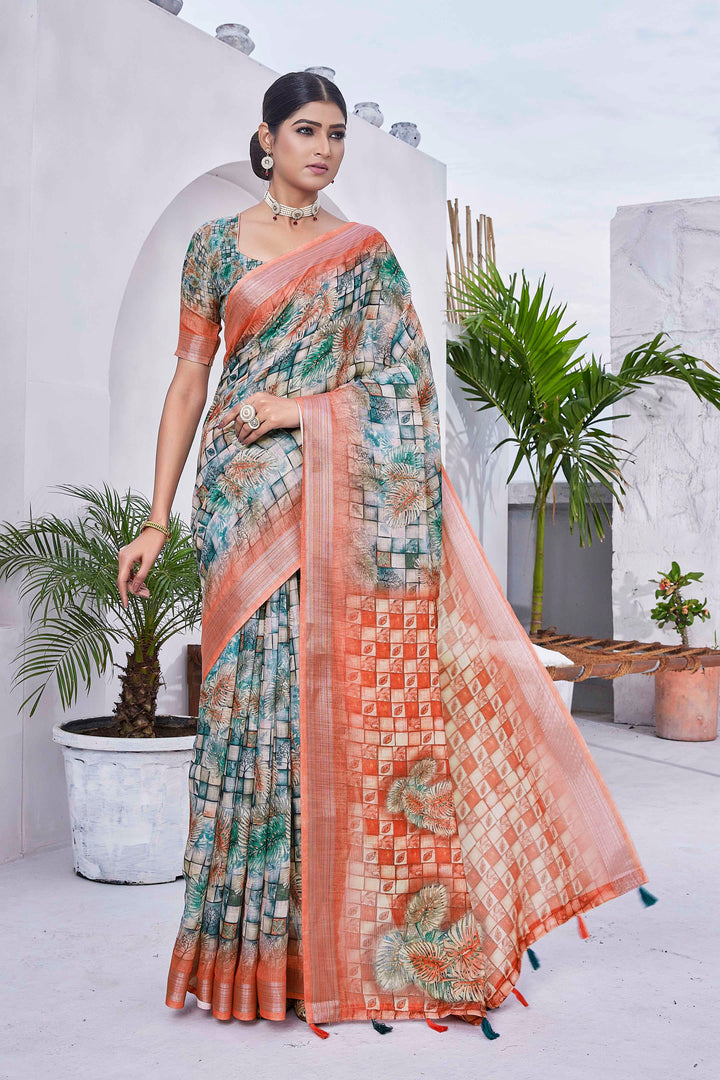 Designer Digital Printed Linen-Blend Saree | Ideal for Weddings & Festivals