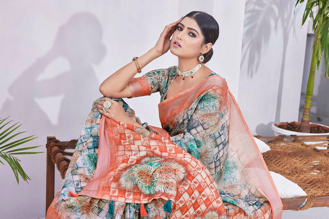 Designer Digital Printed Linen-Blend Saree | Ideal for Weddings & Festivals