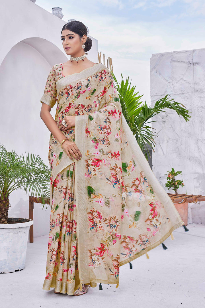 Designer Digital Printed Linen-Blend Saree | Special Event & Wedding Wear