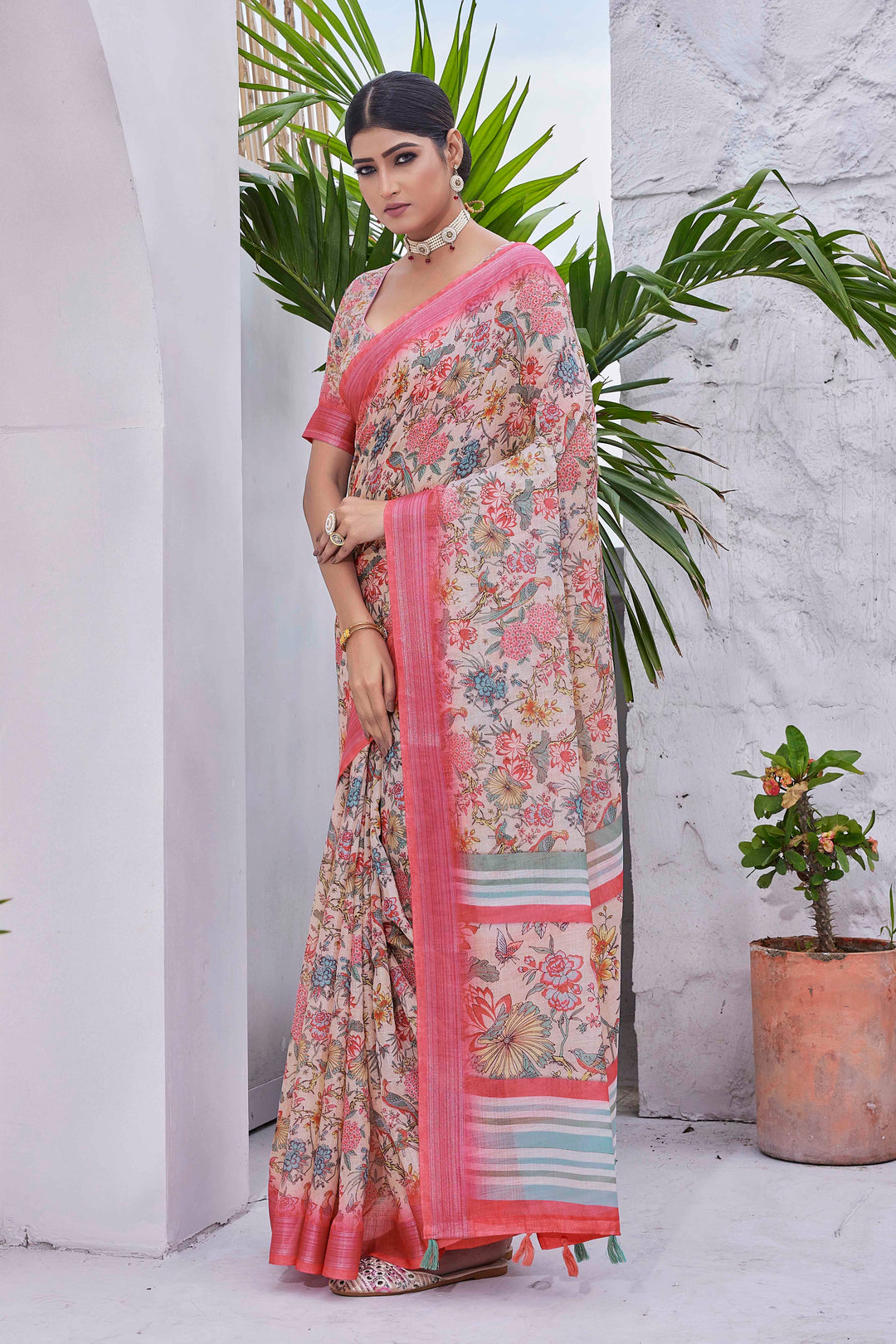 Designer Digital Printed Linen-Blend Saree | Perfect for Weddings & Festive Events