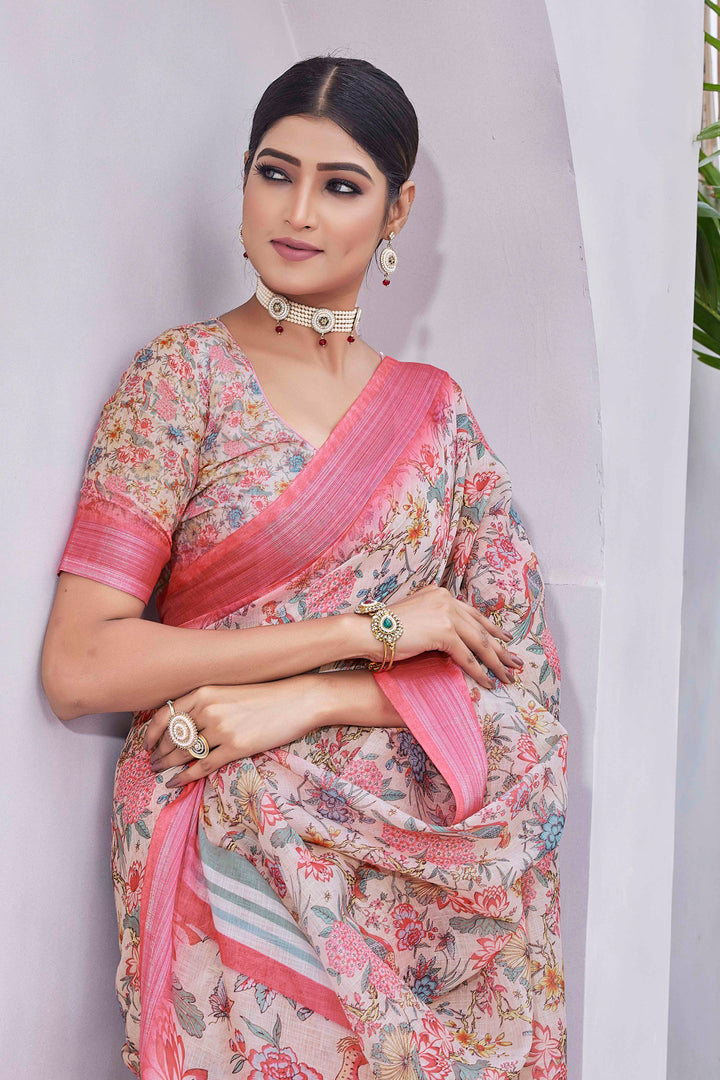 Designer Digital Printed Linen-Blend Saree | Perfect for Weddings & Festive Events