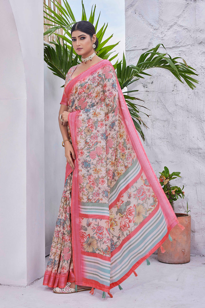 Designer Digital Printed Linen-Blend Saree | Perfect for Weddings & Festive Events