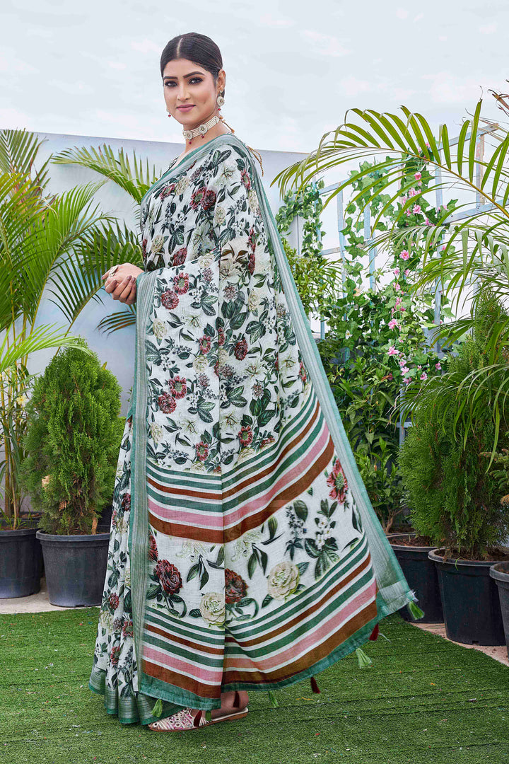 Designer Digital Printed Linen-Blend Saree | Ideal for Weddings & Festive Events