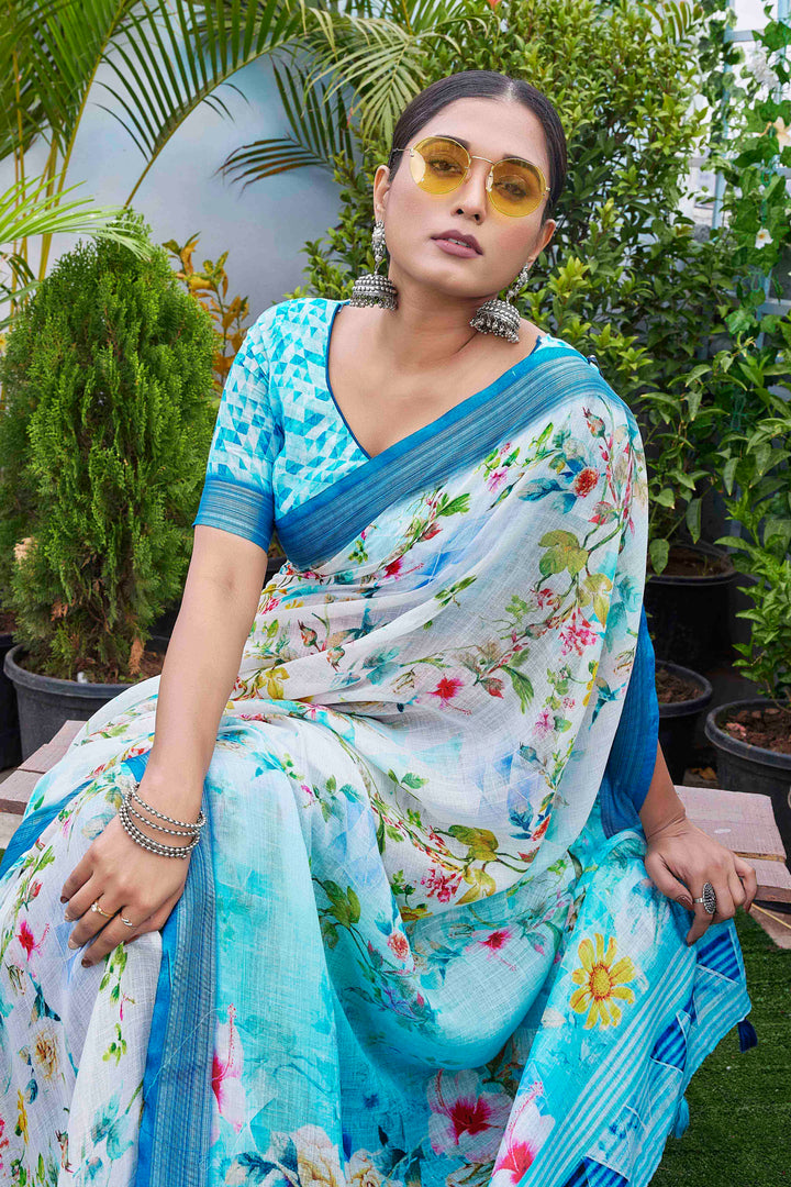 Digital Printed Linen Saree | Sky Blue Designer Look for Weddings