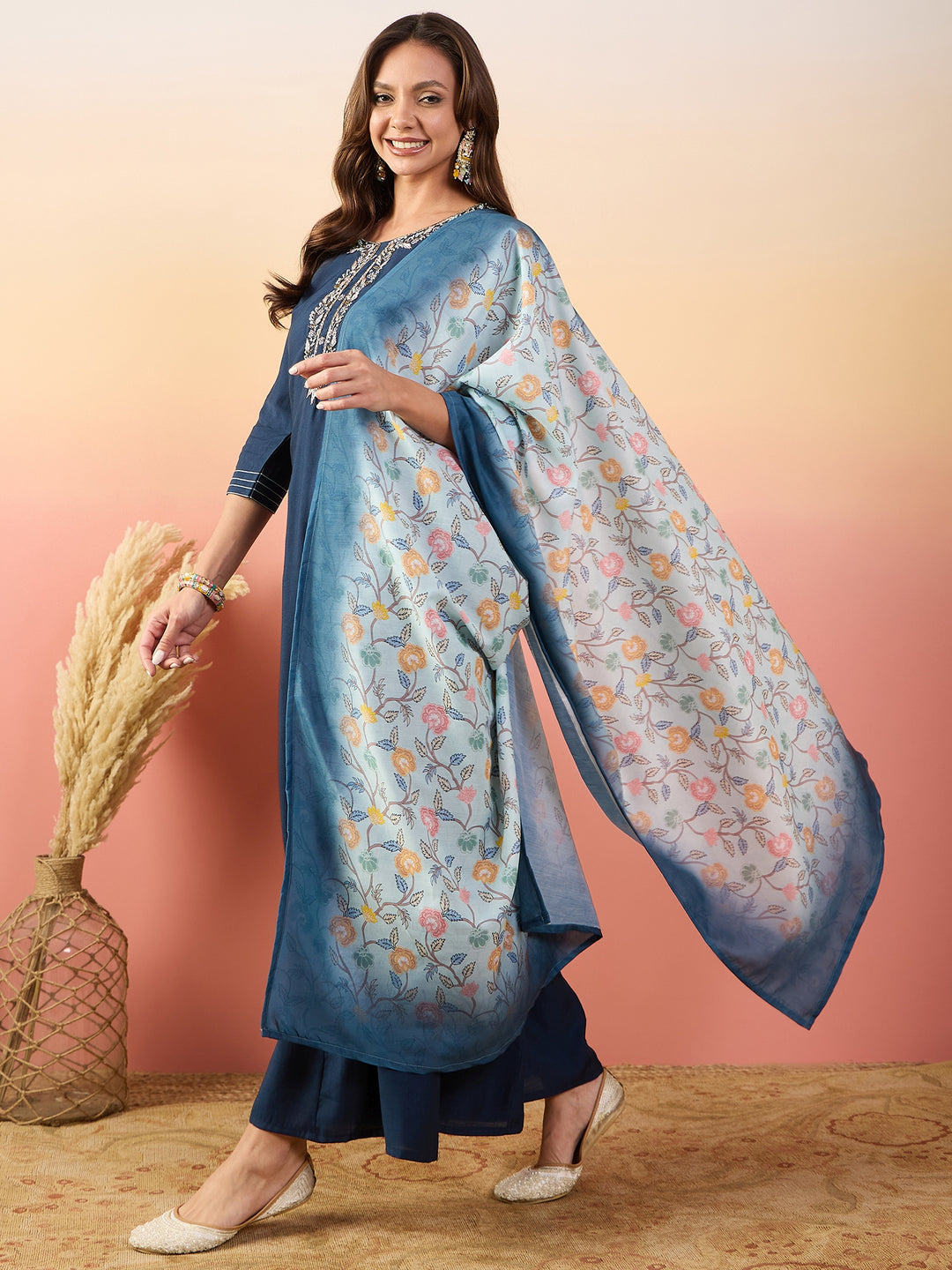 Chic Blue Silk and Silk Combination | Completed with a Gorgeous Silk Blend Dupatta