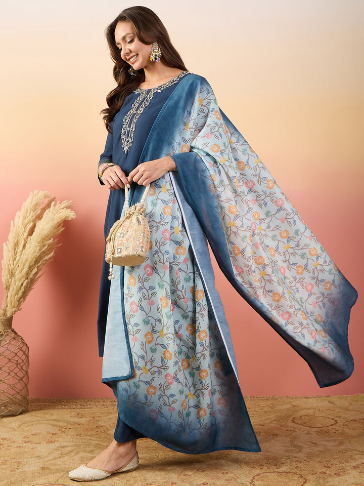 Chic Blue Silk and Silk Combination | Completed with a Gorgeous Silk Blend Dupatta