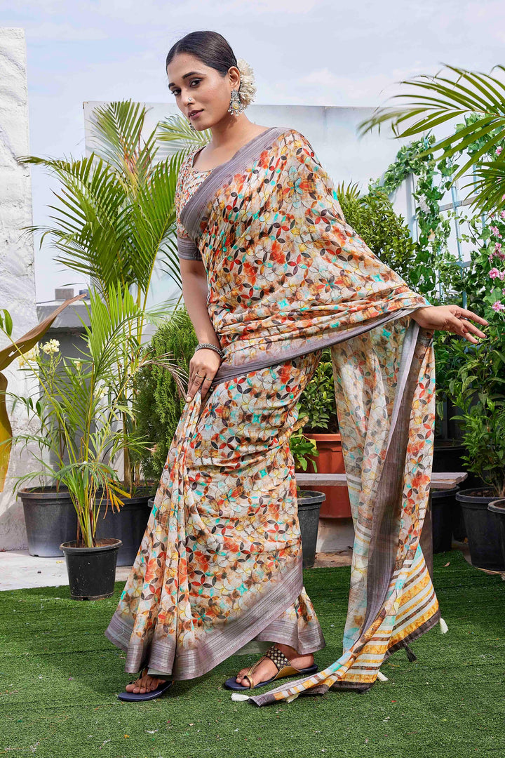 Designer Digital Printed Linen-Blend Saree | Perfect for Weddings & Festive Events