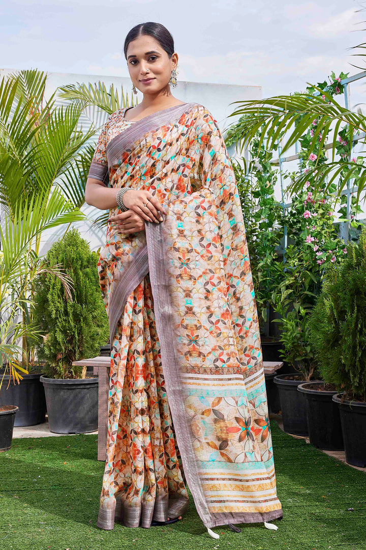 Designer Digital Printed Linen-Blend Saree | Perfect for Weddings & Festive Events