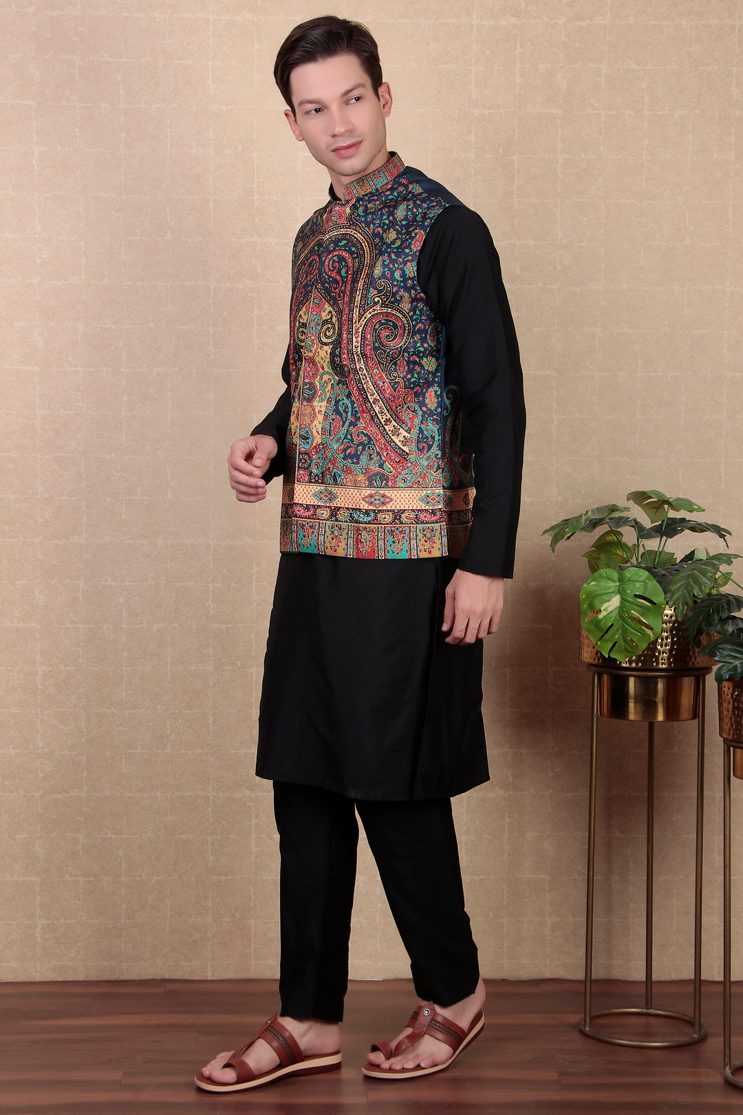 Stylish Indo Western Jacket | Digital Print Khadi Silk Koti for Festive Wear