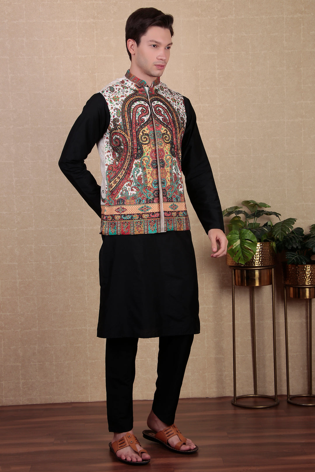 Stylish Indo Western Jacket | Digital Print Khadi Silk Koti for Festive Wear