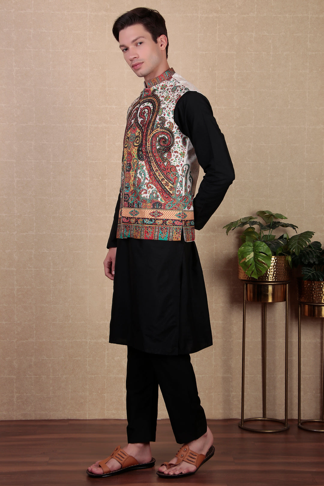 Stylish Indo Western Jacket | Digital Print Khadi Silk Koti for Festive Wear