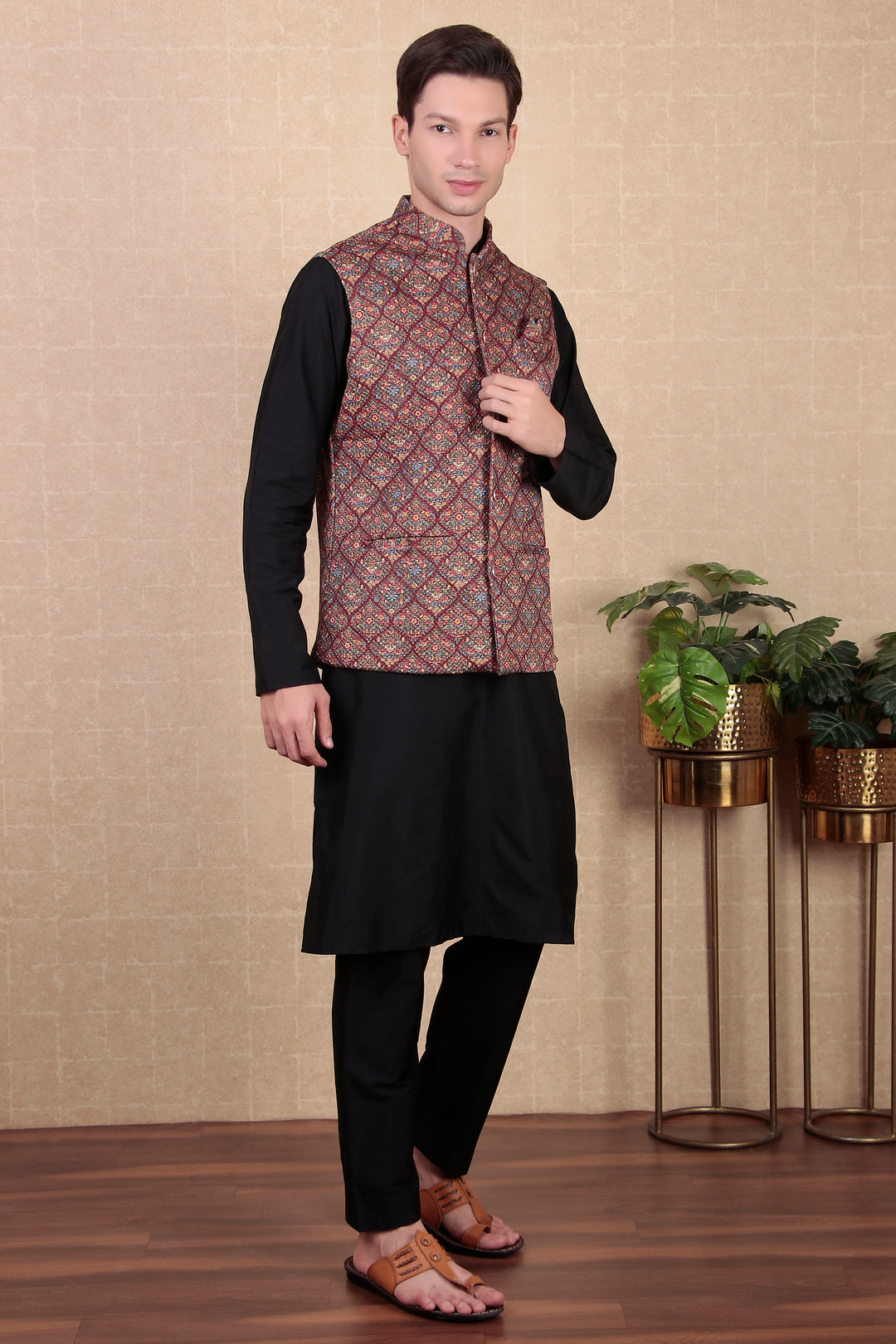 Designer Maroon Ethnic Koti | Digital Printed Khadi Silk Jacket for Men