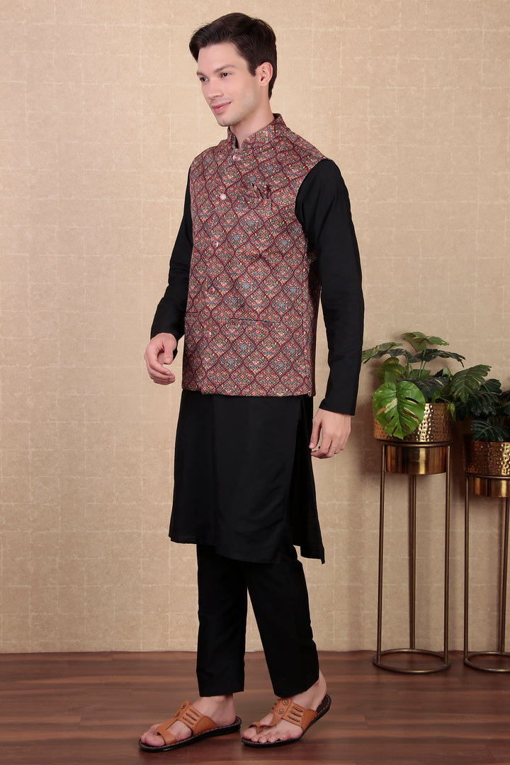 Designer Maroon Ethnic Koti | Digital Printed Khadi Silk Jacket for Men