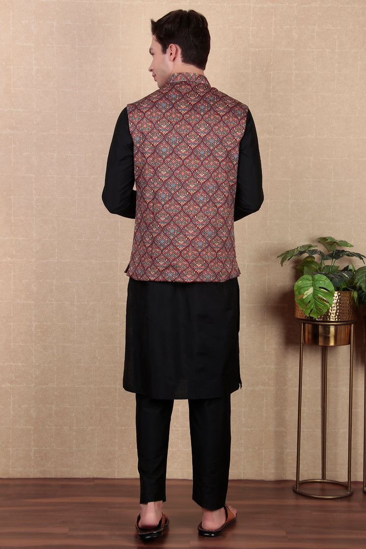 Designer Maroon Ethnic Koti | Digital Printed Khadi Silk Jacket for Men