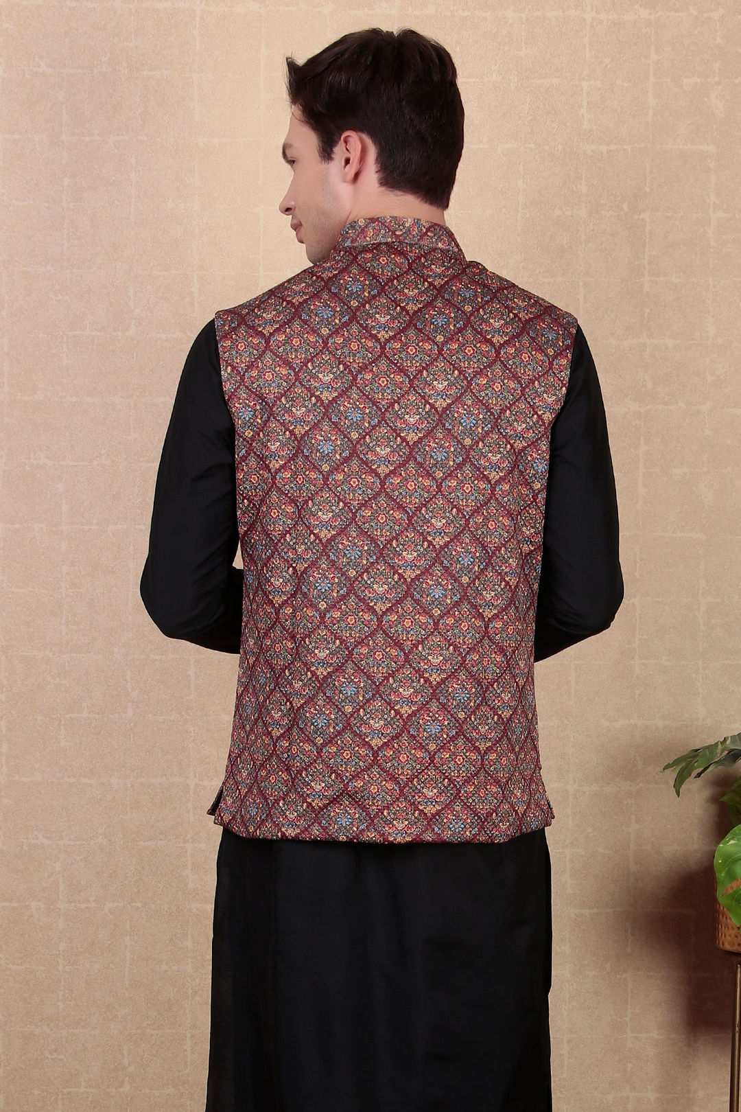 Designer Maroon Ethnic Koti | Digital Printed Khadi Silk Jacket for Men