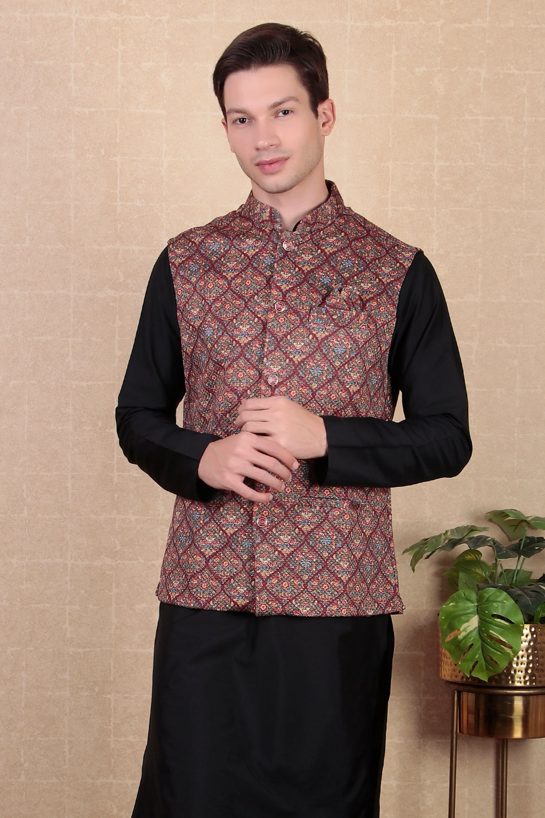 Designer Maroon Ethnic Koti | Digital Printed Khadi Silk Jacket for Men