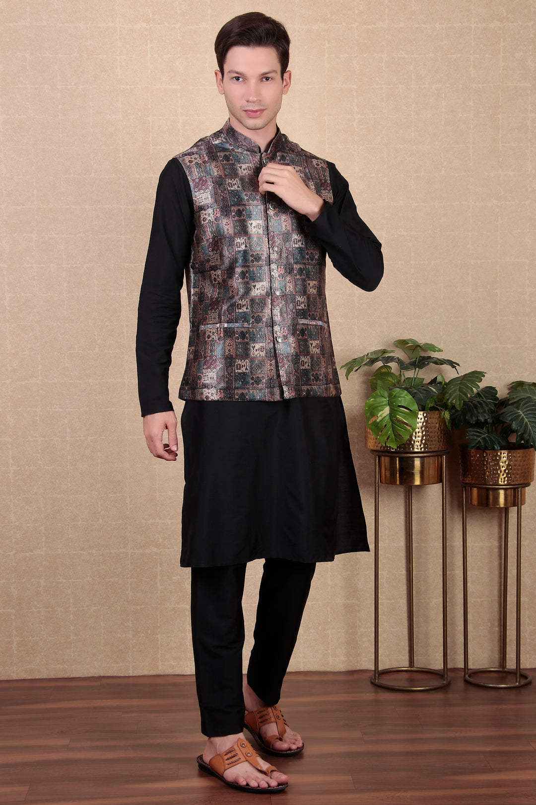 Stylish Wine Koti | Digital Print Khadi Silk Indo Western Jacket for Men