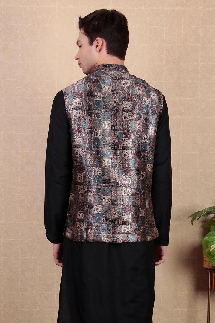 Stylish Wine Koti | Digital Print Khadi Silk Indo Western Jacket for Men