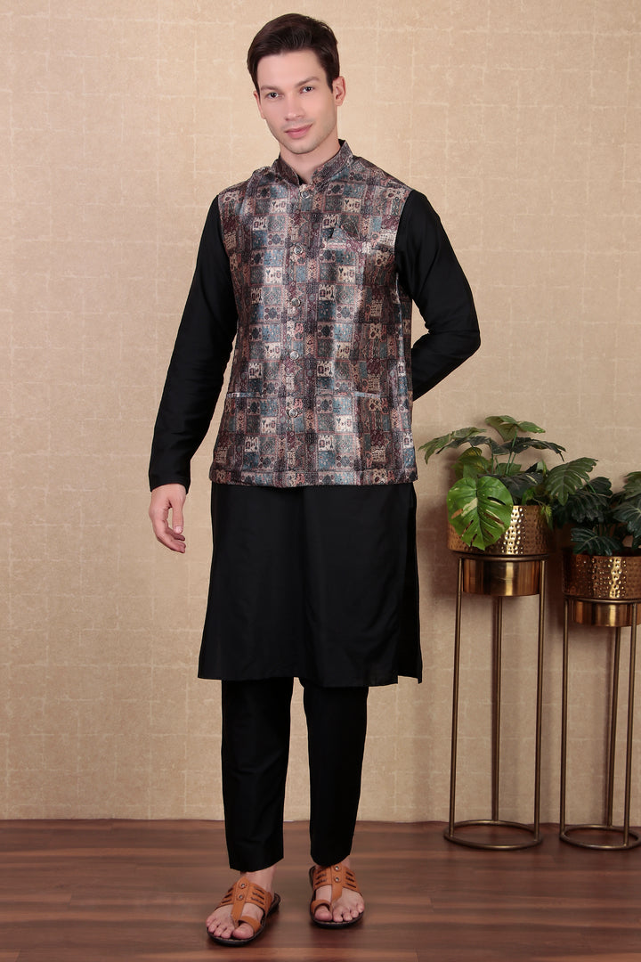 Stylish Wine Koti | Digital Print Khadi Silk Indo Western Jacket for Men