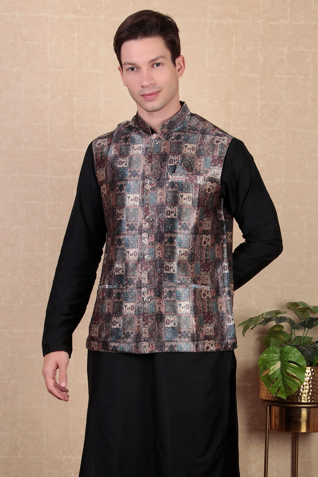 Stylish Wine Koti | Digital Print Khadi Silk Indo Western Jacket for Men