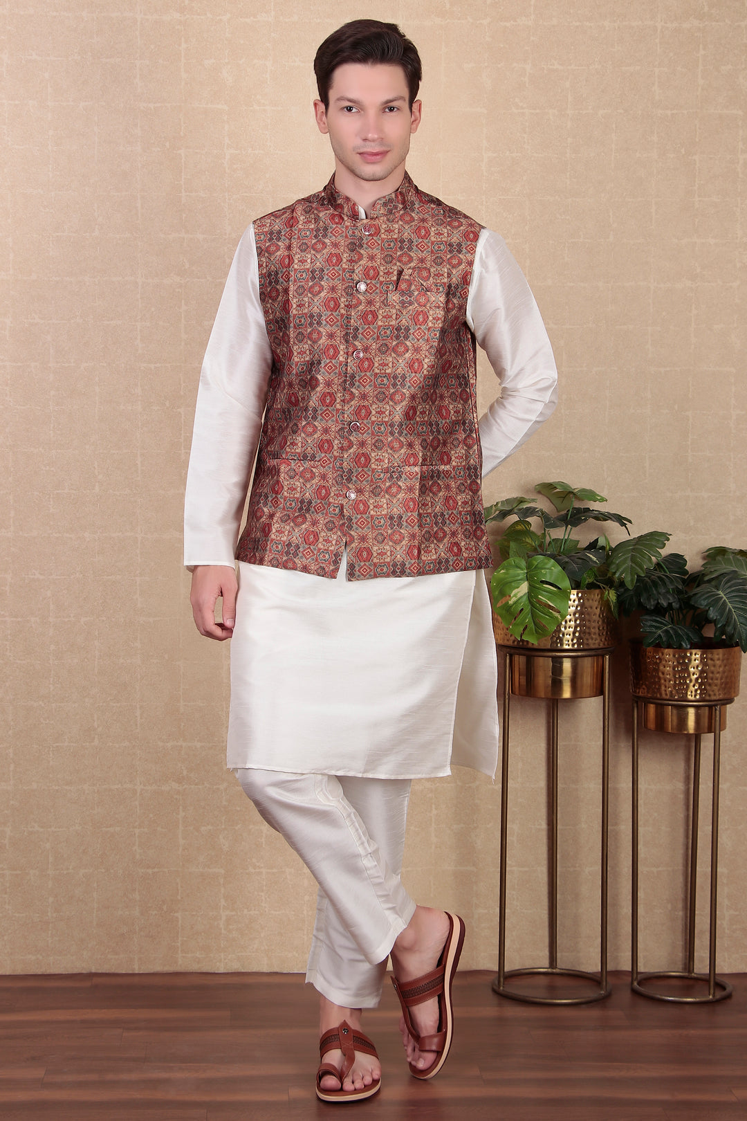 Exclusive Maroon Koti | Digital Printed Khadi Silk Jacket for Festive Wear