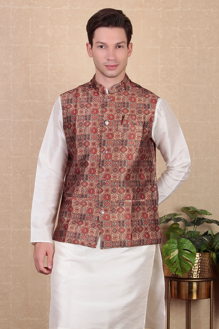 Exclusive Maroon Koti | Digital Printed Khadi Silk Jacket for Festive Wear