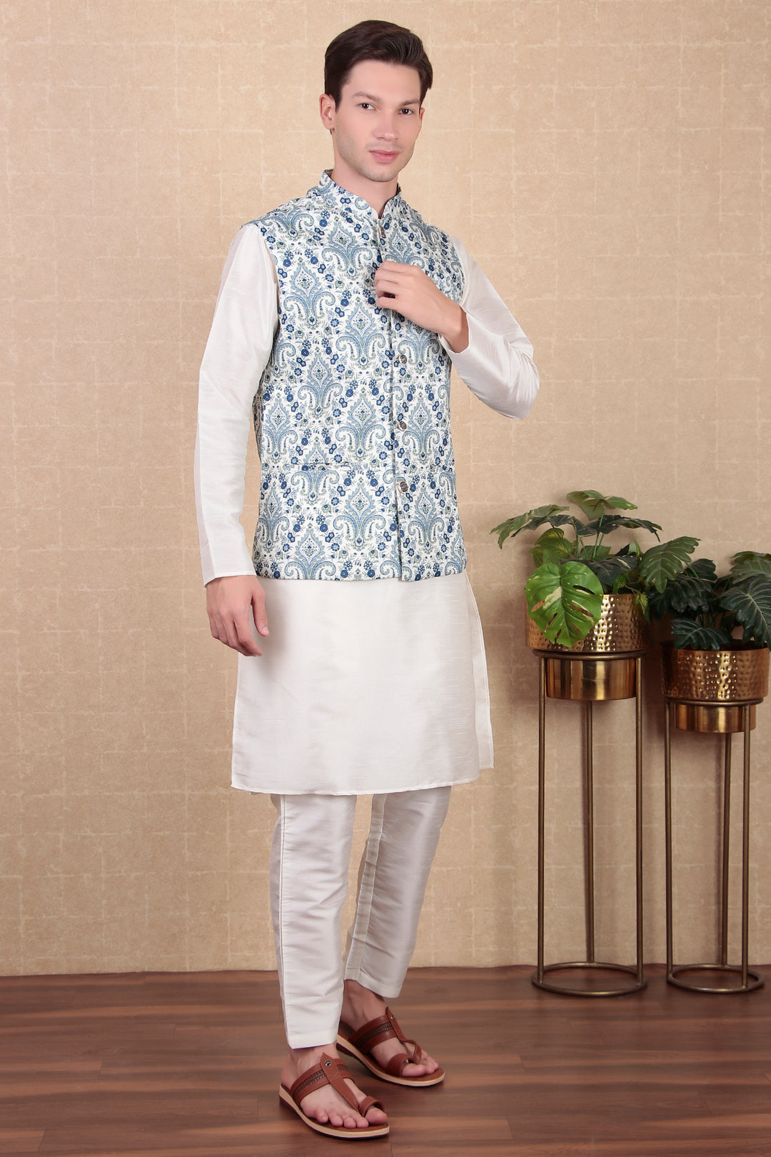 Festive Wear Blue Koti for Men | Digital Printed Khadi Silk Ethnic Jacket