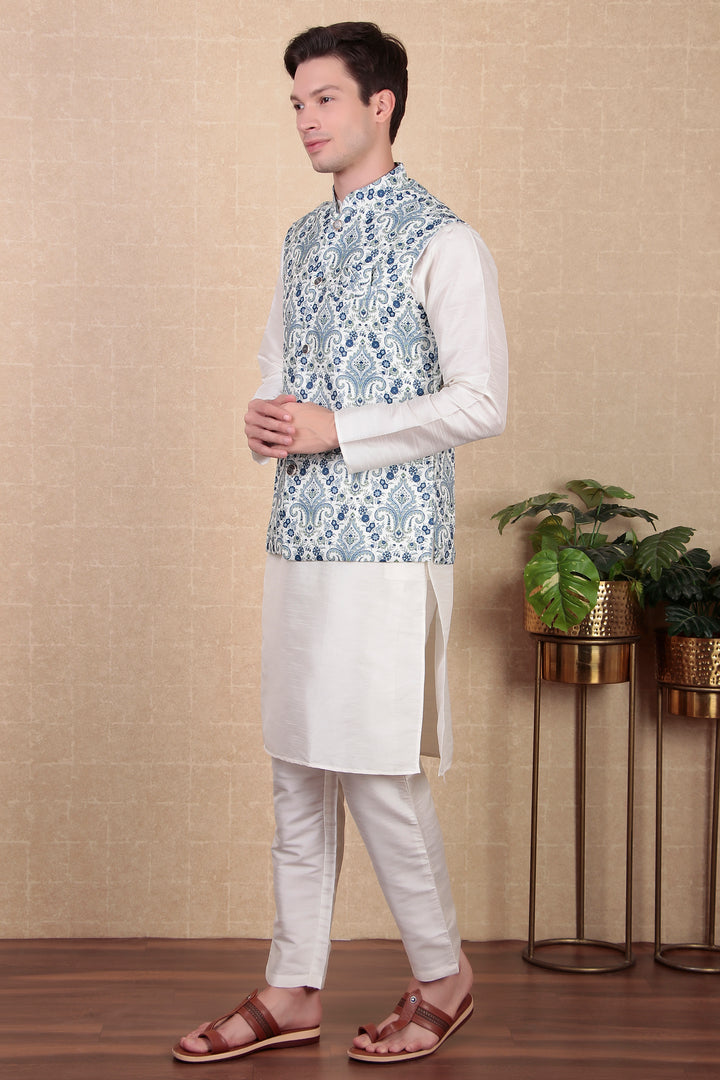 Festive Wear Blue Koti for Men | Digital Printed Khadi Silk Ethnic Jacket