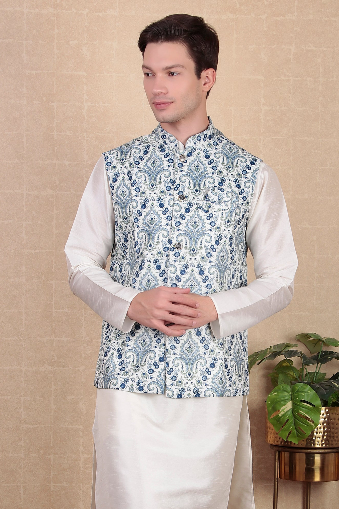 Festive Wear Blue Koti for Men | Digital Printed Khadi Silk Ethnic Jacket