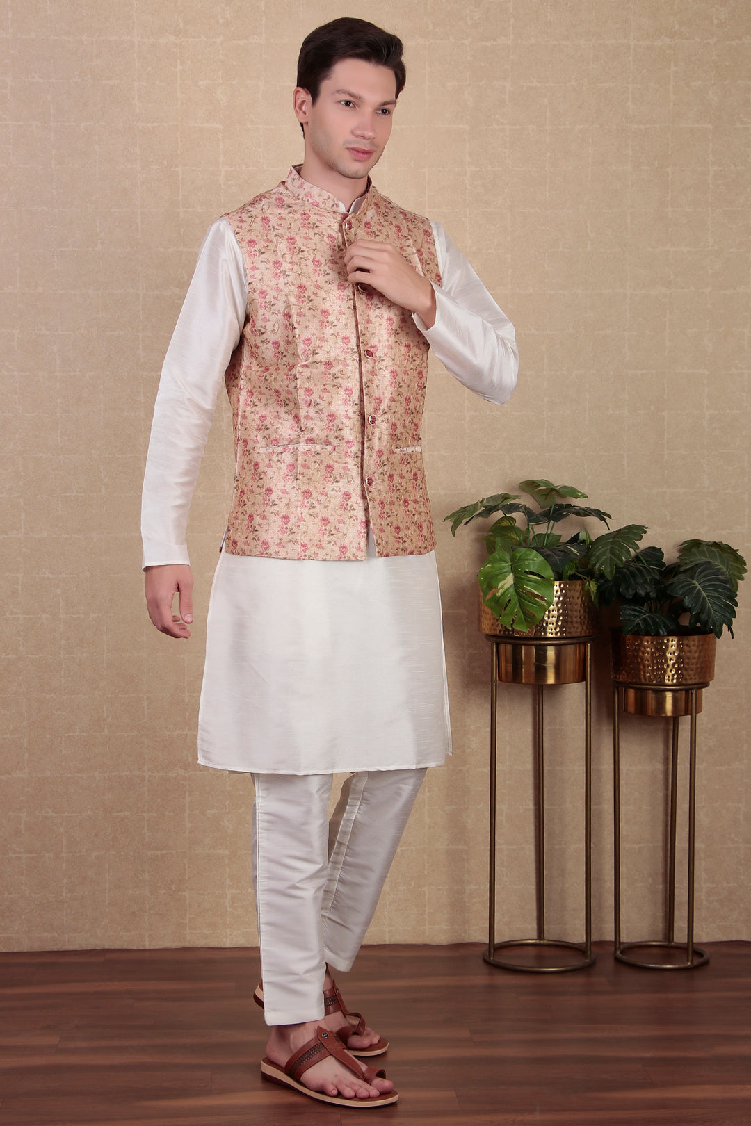 Digital Printed Beige Koti | Stylish Ethnic Jacket for Men’s Kurta