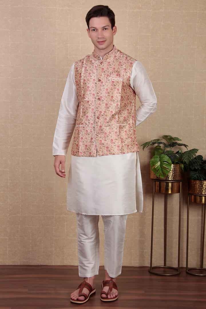 Digital Printed Beige Koti | Stylish Ethnic Jacket for Men’s Kurta