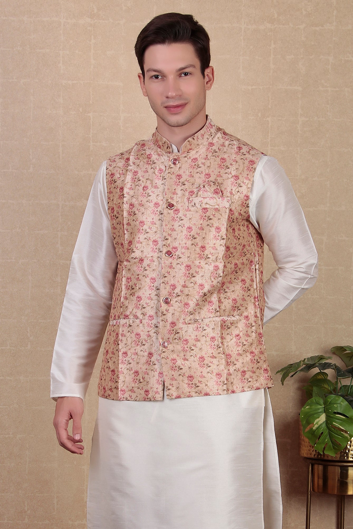 Digital Printed Beige Koti | Stylish Ethnic Jacket for Men’s Kurta