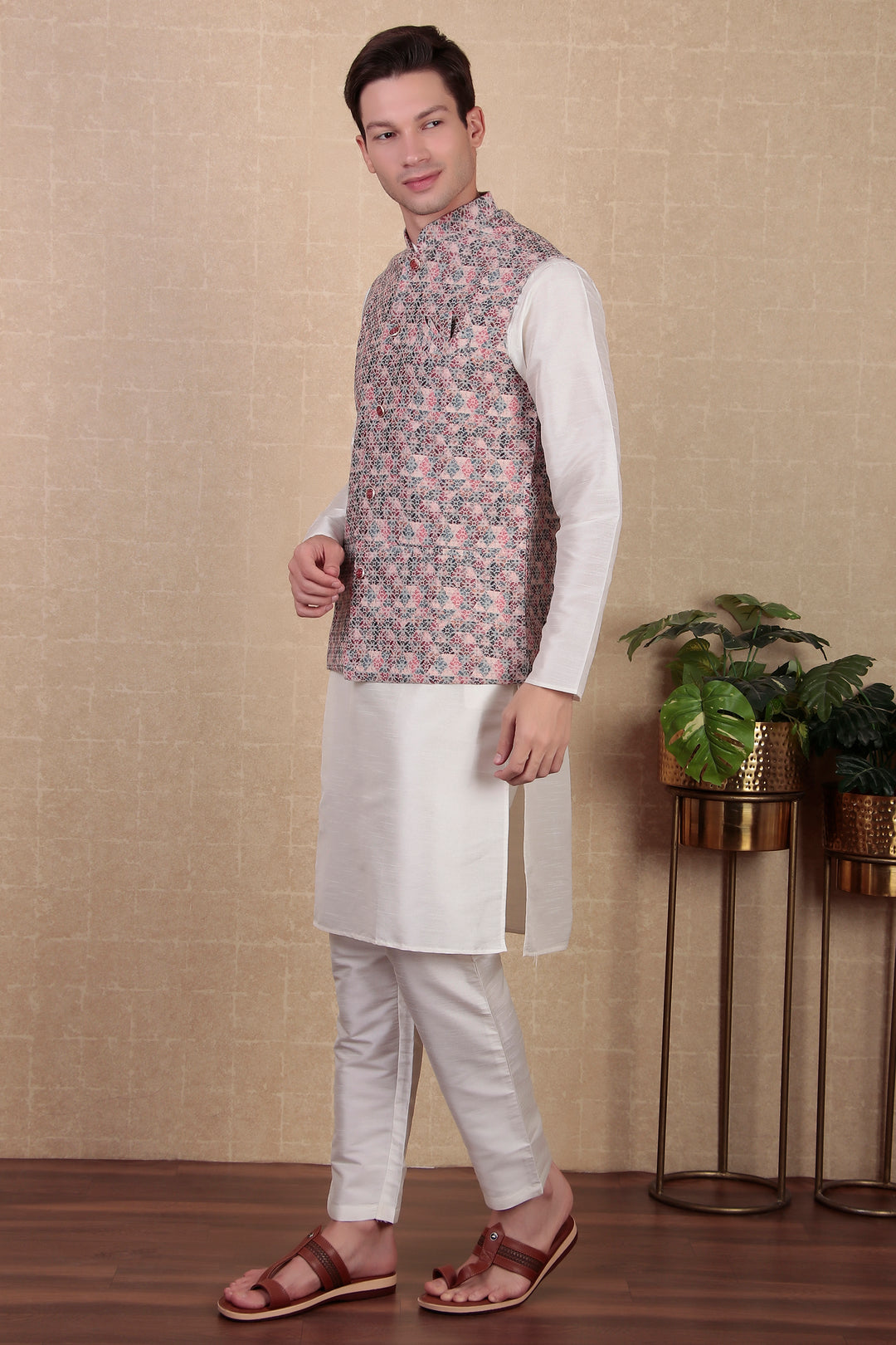 Digital Print Koti for Men | Light Purple Khadi Silk Ethnic Jacket