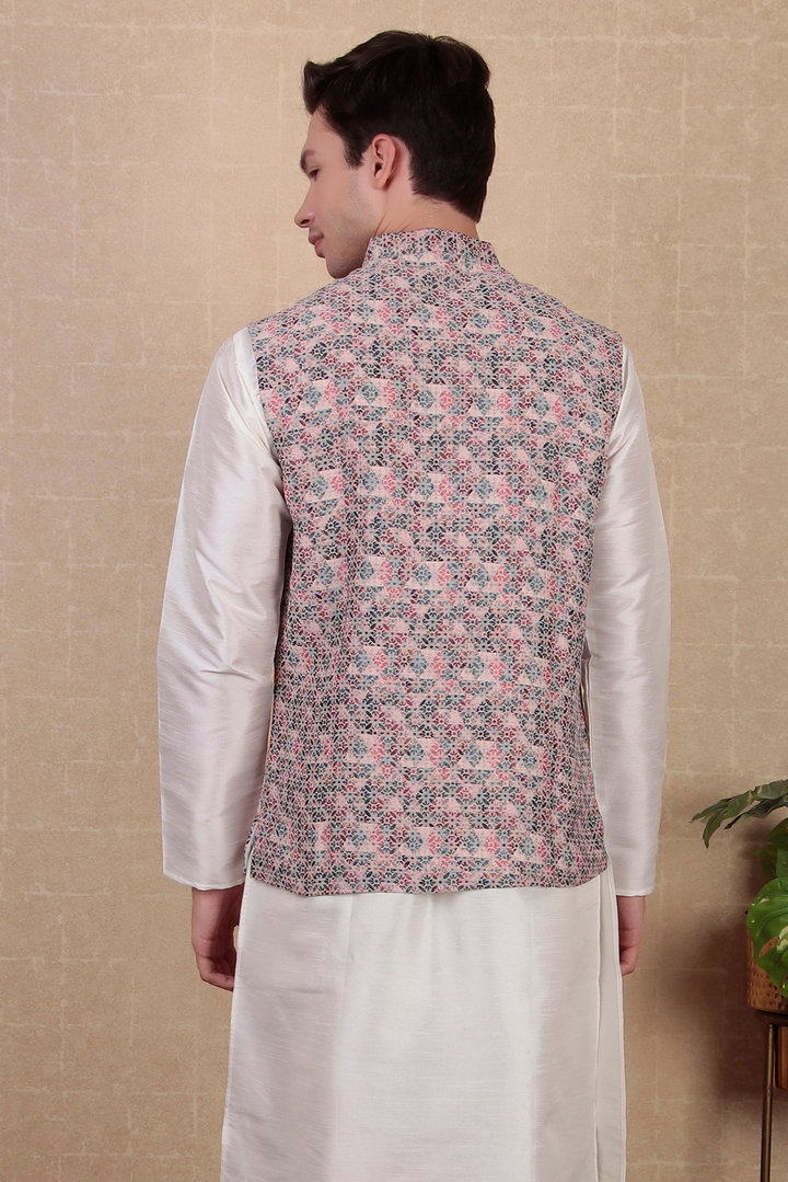 Digital Print Koti for Men | Light Purple Khadi Silk Ethnic Jacket