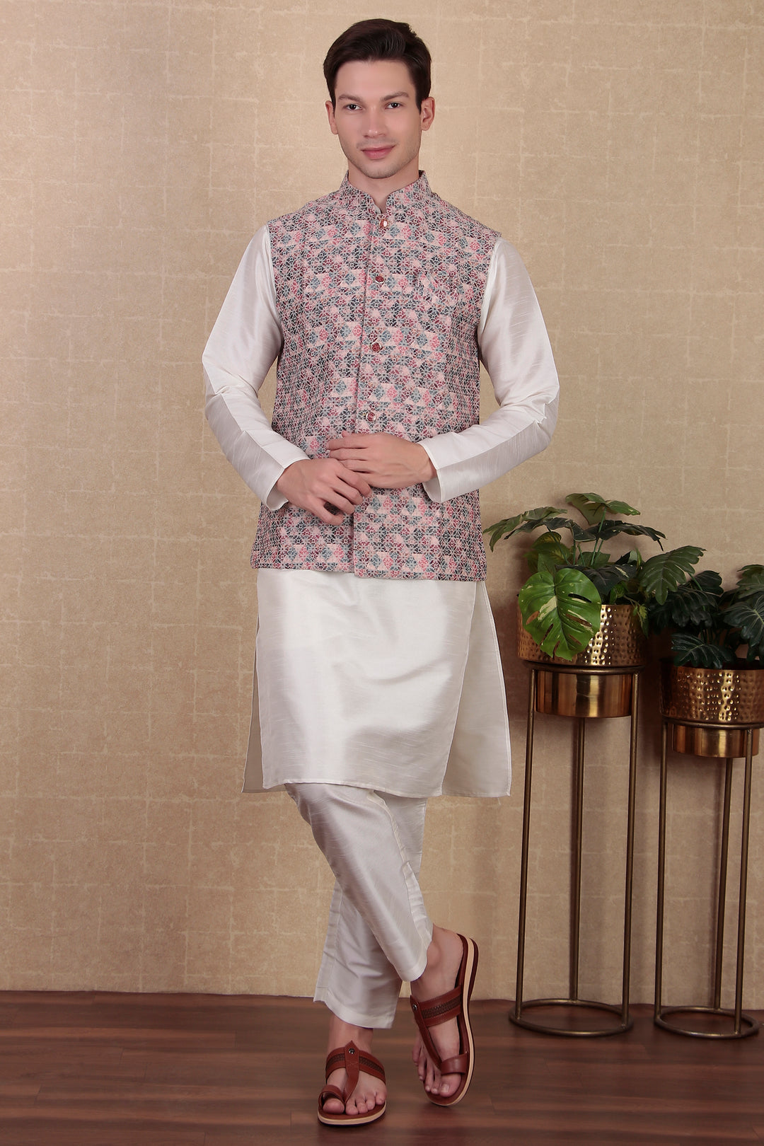 Digital Print Koti for Men | Light Purple Khadi Silk Ethnic Jacket