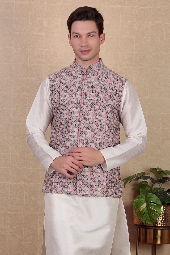 Digital Print Koti for Men | Light Purple Khadi Silk Ethnic Jacket