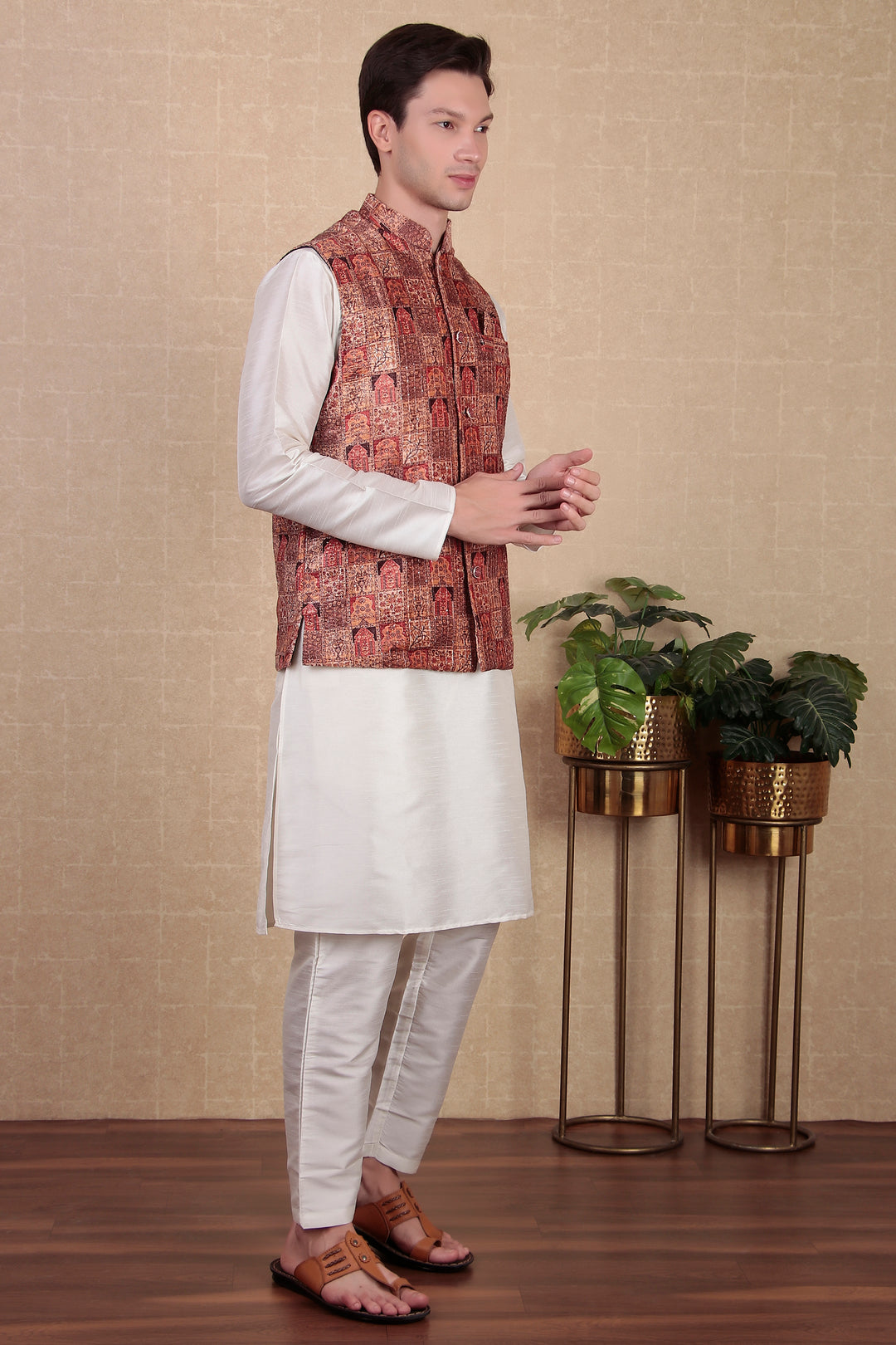 Brown Khadi Silk Koti | Digital Print Festive Ethnic Jacket for Men