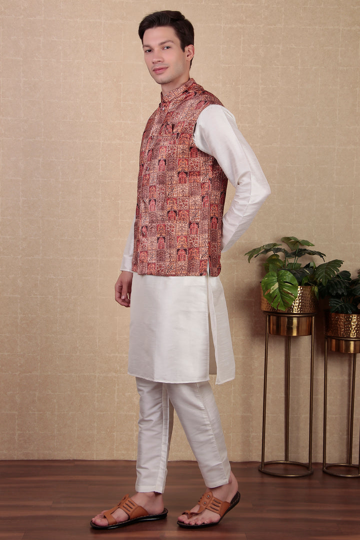 Brown Khadi Silk Koti | Digital Print Festive Ethnic Jacket for Men