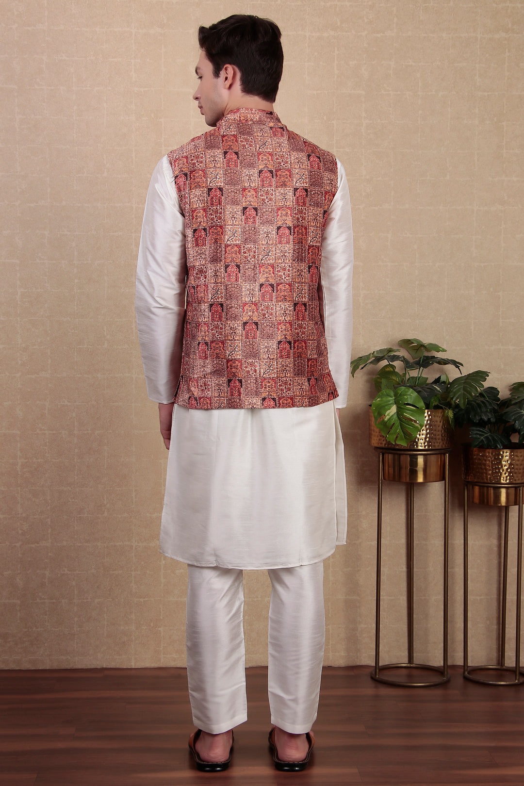 Brown Khadi Silk Koti | Digital Print Festive Ethnic Jacket for Men