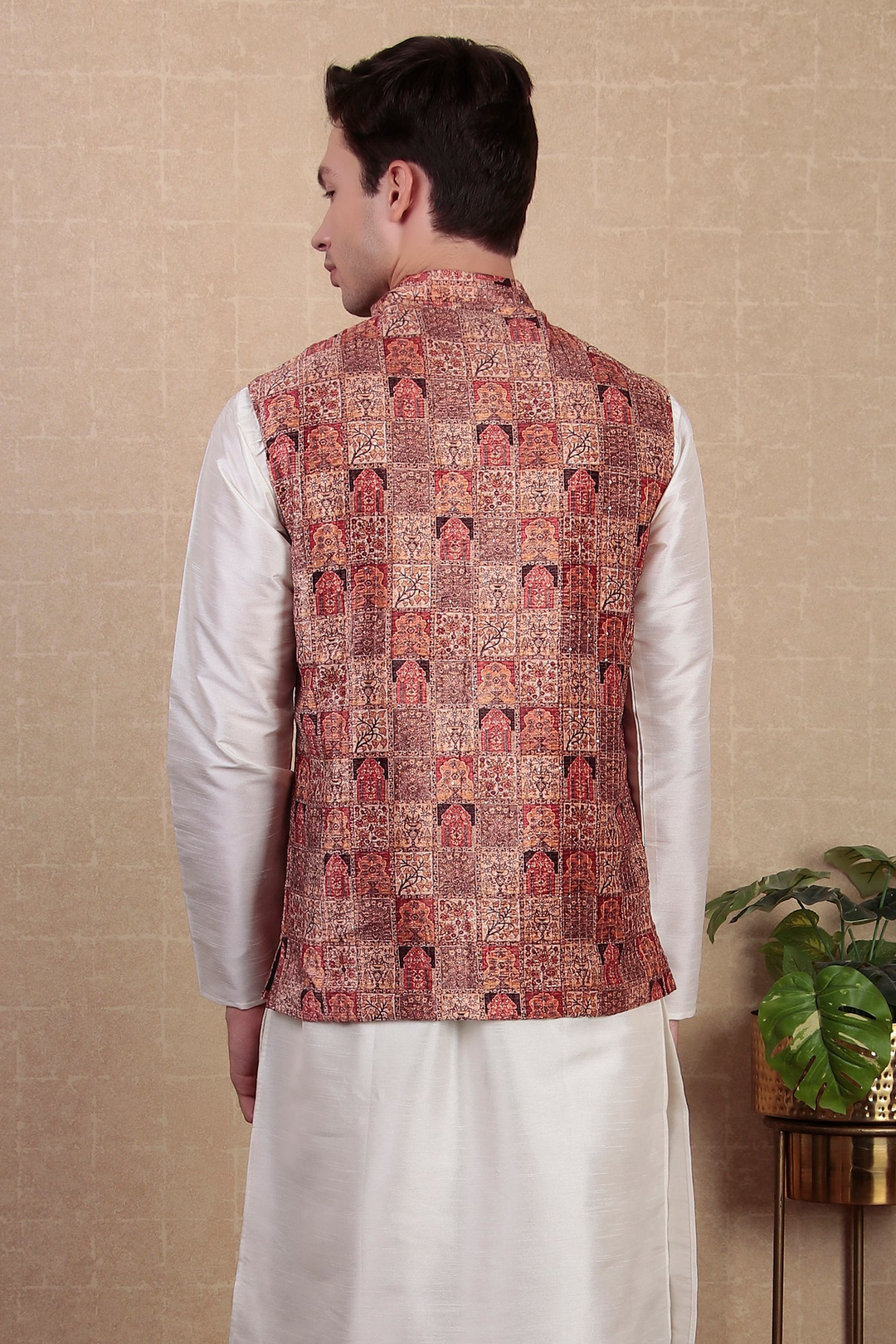 Brown Khadi Silk Koti | Digital Print Festive Ethnic Jacket for Men