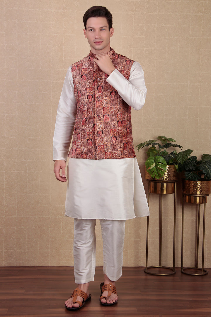 Brown Khadi Silk Koti | Digital Print Festive Ethnic Jacket for Men