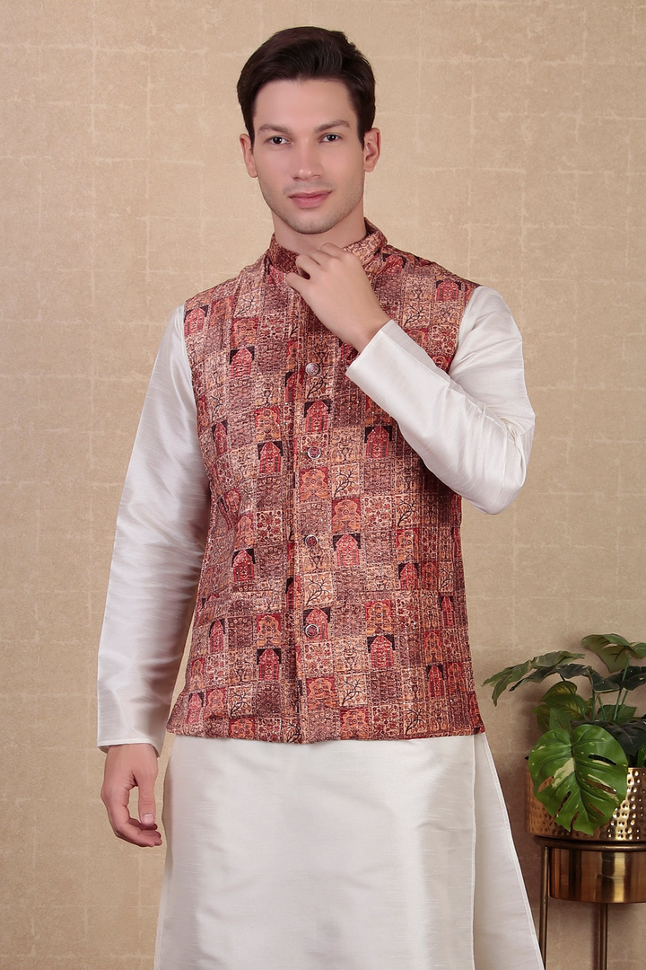 Brown Khadi Silk Koti | Digital Print Festive Ethnic Jacket for Men