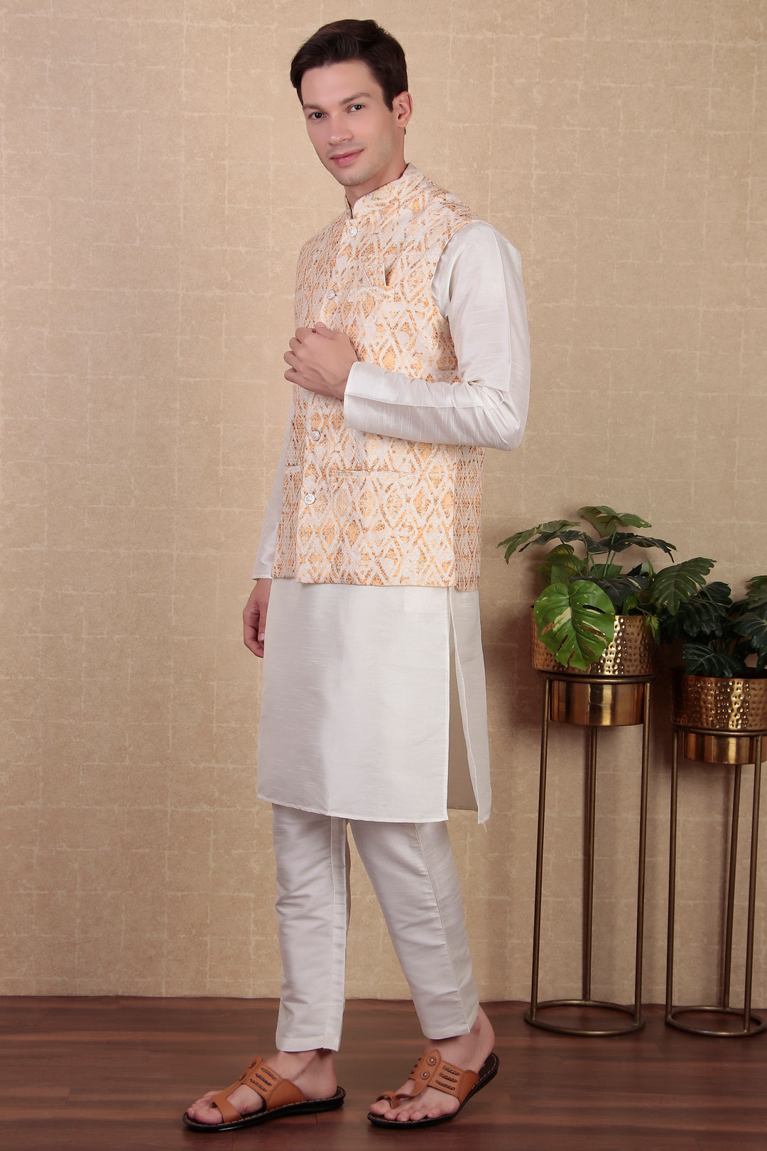 Yellow Digital Printed Jacket | Ethnic Festive Wear Koti for Men