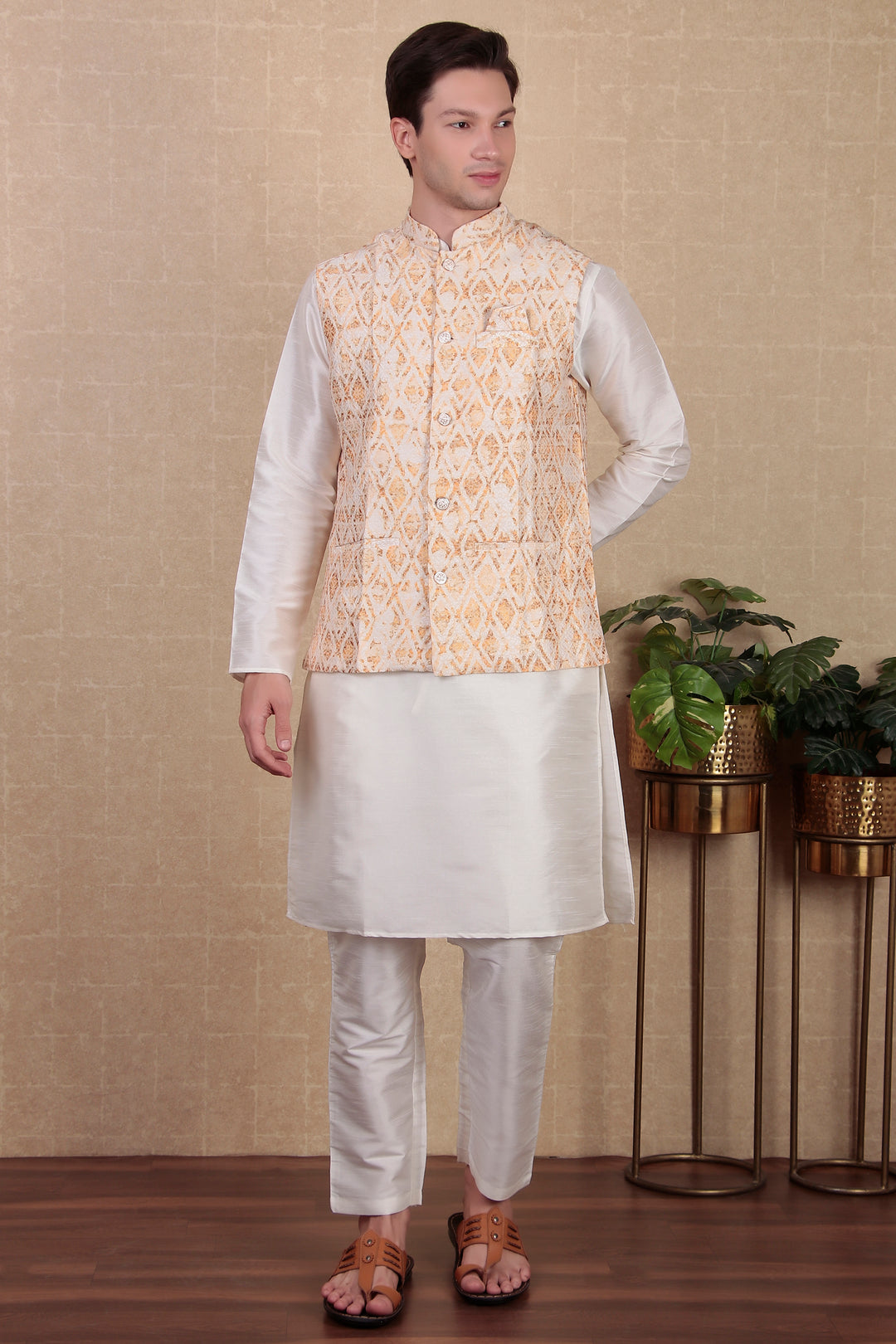 Yellow Digital Printed Jacket | Ethnic Festive Wear Koti for Men