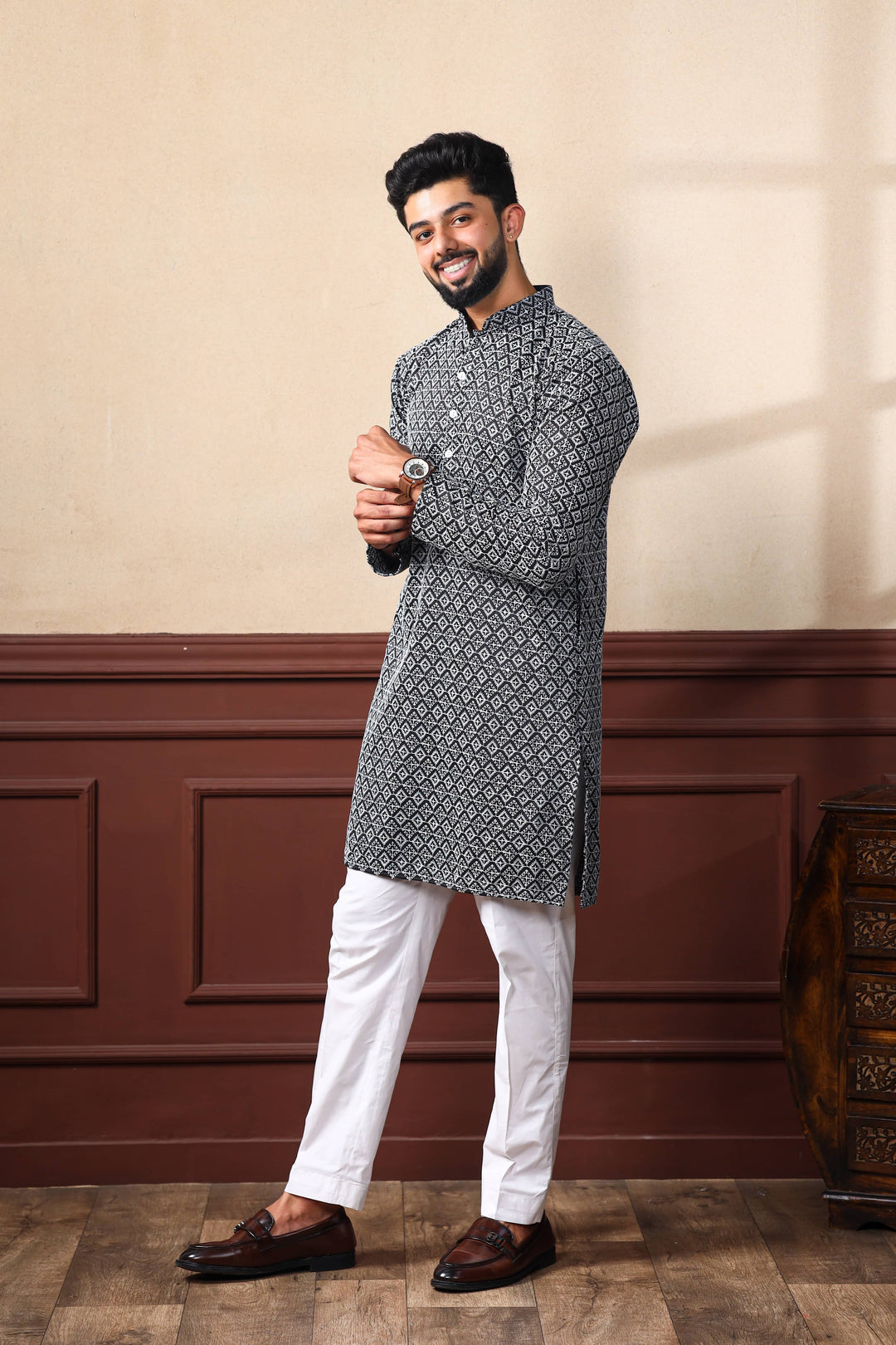 Khadi Silk Kurta With Art Silk Pajama | Designer Chikankari Work for Men