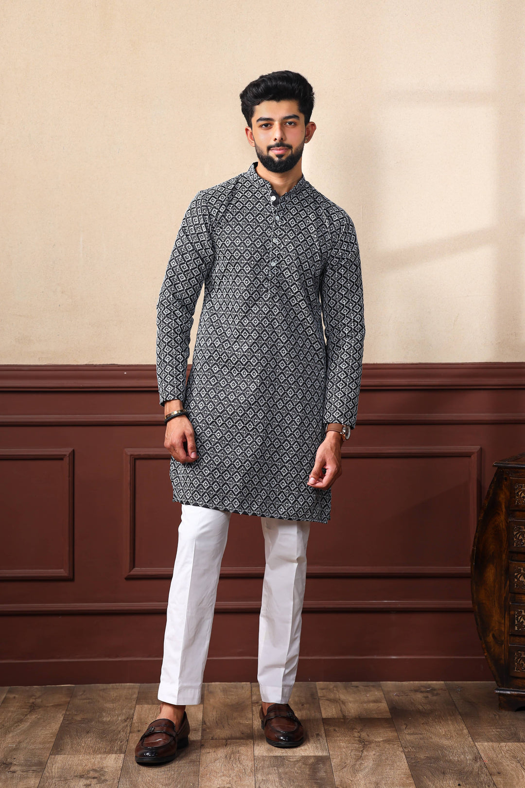 Khadi Silk Kurta With Art Silk Pajama | Designer Chikankari Work for Men